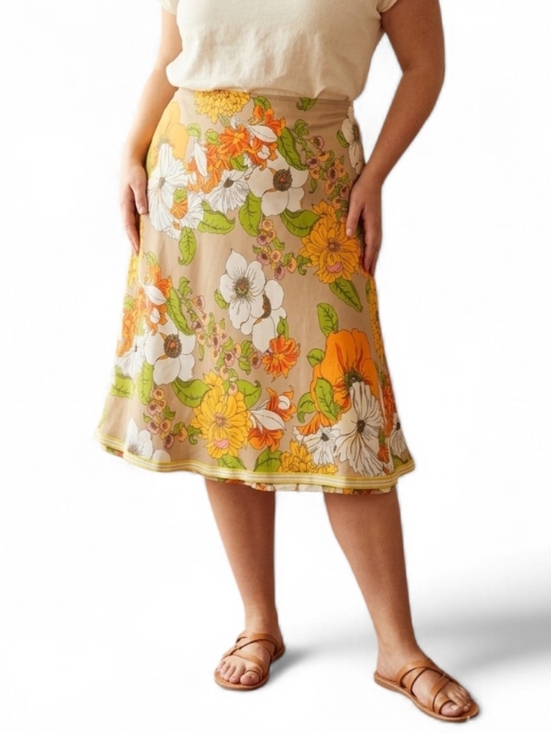 Vintage Dresses & Skirts - Vintage Retro 70s Floral A-Line Skirt Orange Green Boho Size 14-20W